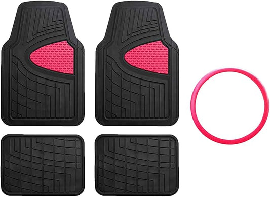 FH GROUP Car Seat Covers Premium Tall Channel Rubber Trimmable Floor Mats w. FH3001 Snake Pattern Silicone Steering Wheel Cover- Universal Fit for Trucks, SUVs, and Vans (Pink/Black) F11311