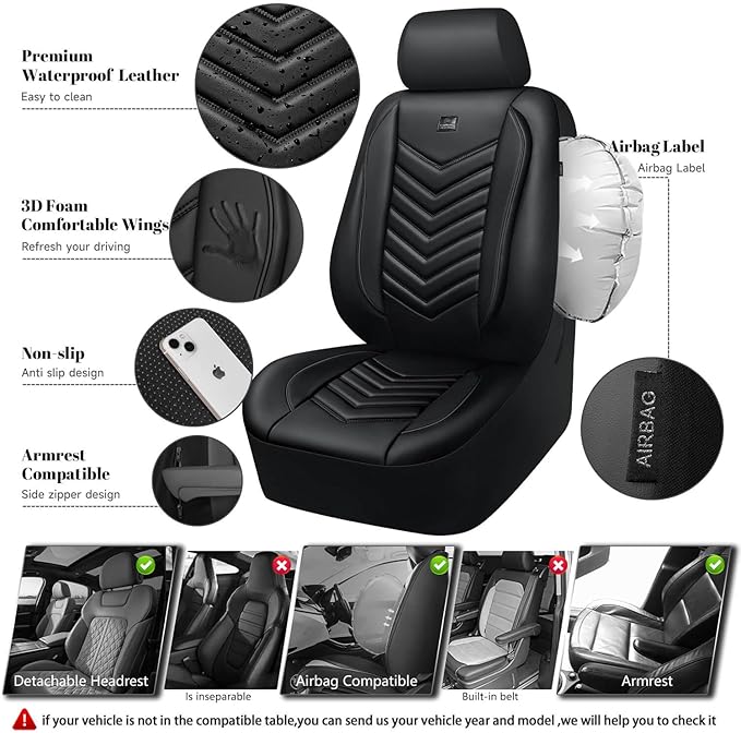 CAR PASS 3D Foam Faux Leather Car Seat Covers Front Seats,Waterproof Leather Front Seat Cover for Cars,Luxury Universal Fit for SUV Truck Sedan Automotive, Armrest Airbag Compatible Anti-Slip, Black
