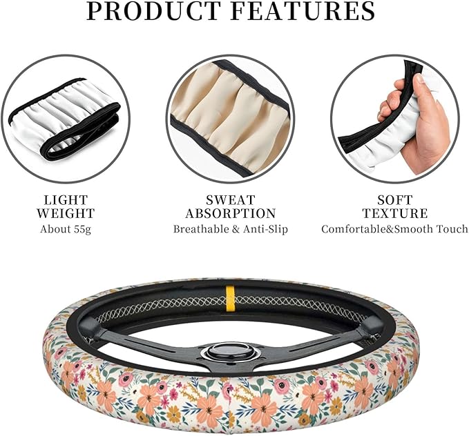 Wild Rose Metallic Flowers Steering Wheel Cover for Women Elastic Rubber Steering Wheel Universal 15 Inch Fit for Cars, Auto, SUVs