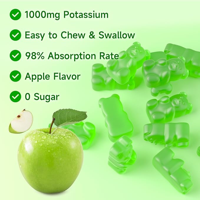 Potassium Gummies 1000mg for Adults & Kids, High Dose Potassium Gluconate Supplement Potassium Gluconate Gummies Support Muscle Cramps Electrolyte Balance, Apple Flavor 60 Count