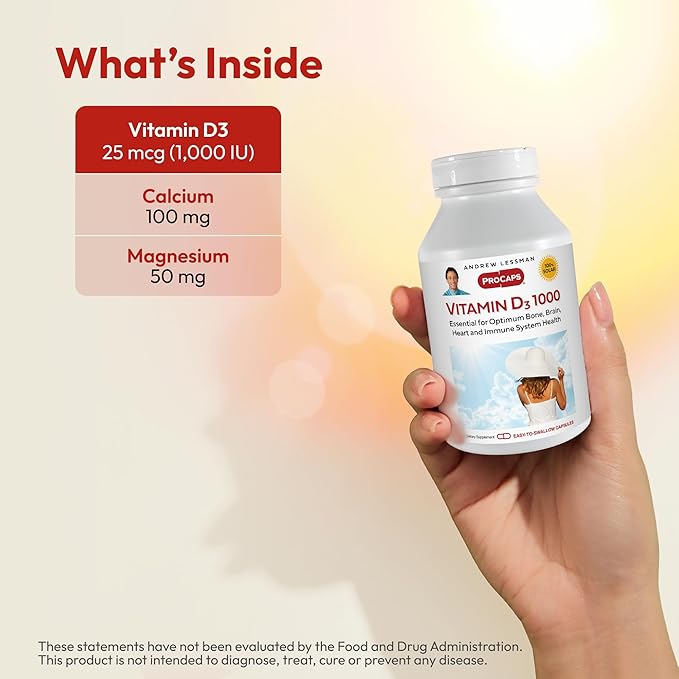 ANDREW LESSMAN Vitamin D3 1000 IU 720 Capsules - High Potency, Essential for Calcium Absorption, Supports Bone Health, Healthy Muscle Function, Immune System, More. Small Easy to Swallow Capsules