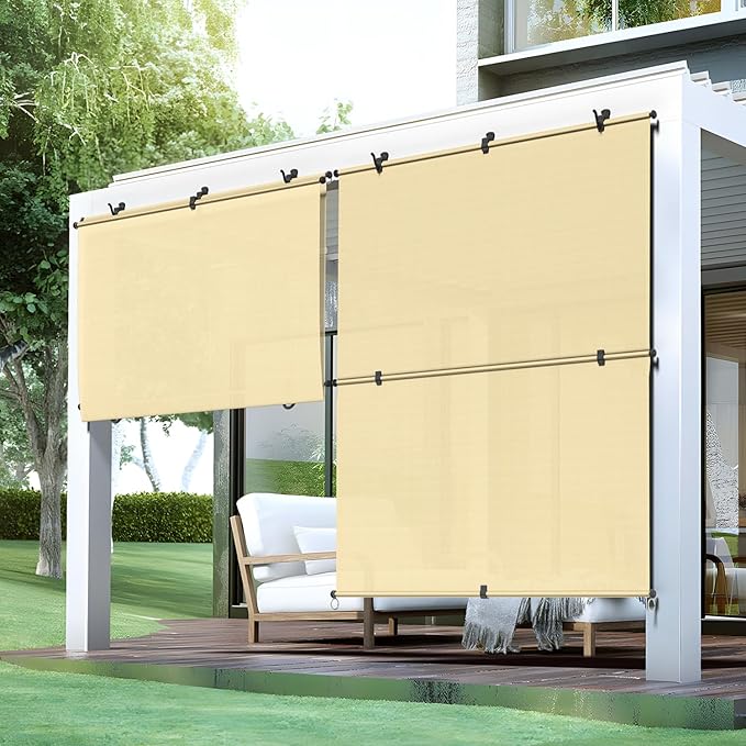 Bynbbur 8'W x 12.5'H Outdoor Patio Shades Foldable Roller Blinds, 220 GSM Sun Shade Roll Up Porch Screens Exterior Shade Cloth for Deck Pergola Backyard, Beige
