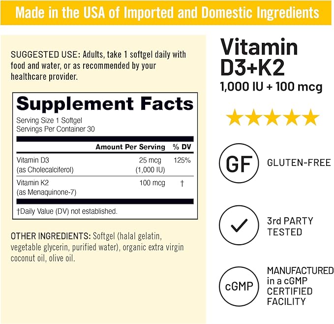NatureWise Vitamin D3 1000IU + K2 (MK7) 100mcg with Organic Extra Virgin Coconut Oil - Supports Calcium Absorption, Bone & Immune Health - Non-GMO, Soy & Gluten-Free - 30 Softgels[1-Month Supply]