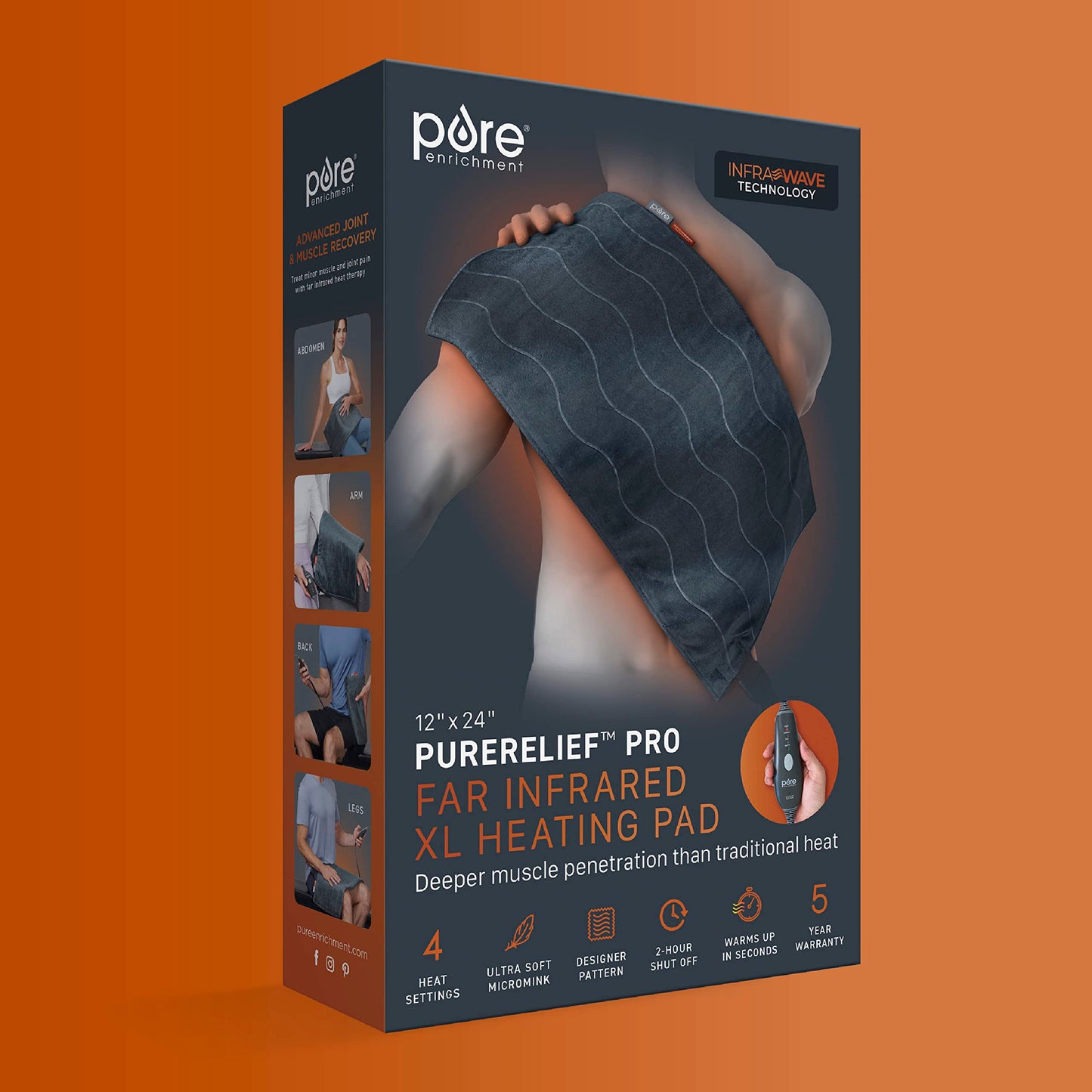 Pure Enrichment PureRelief Pro Far Infrared XL Heating Pad - Muscle Relief for Back, Neck, Shoulder, & Knee Pain in Athletes, 4 Heat Settings, Dry/Moist Heat, 12” x 24” Extra-Long Size (Iron Gray)