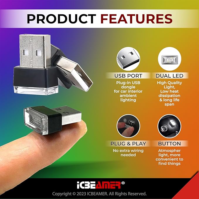 ICBEAMER USB Interface Miniature Night Light 1-Pack (White) | Universal Plug-in LED for Car Interior and Trunk Ambient Atmosphere