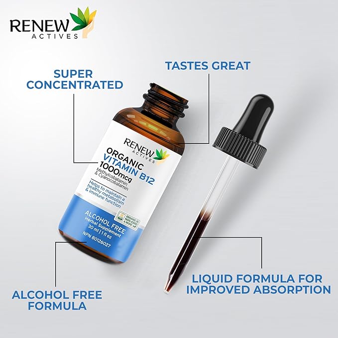 Renew Actives Premium B12 Liquid Extract Supplement 1000MCG per 1 ml – Vegan Drops with High-Potency Complex for Healthy Skin, Strong Nails, Vibrant Hair & Immune Support– Made in Canada - 30 ml