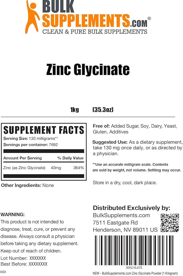 BulkSupplements.com Zinc Glycinate Powder - Zinc Supplements, Zinc 40mg, Zinc Powder - Zinc Mineral Supplement, for Immune Support - Gluten Free, 130mg per Serving, 5kg (11 lbs)