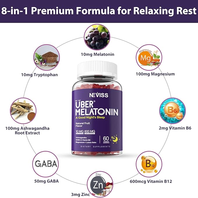 Melatonin Gummies 10mg 20mg for Adults, Melatonin 10 mg per Gummy with Ashwagandha, Magnesium Glycinate, GABA, L-theanine, Valerian Root & Lemon Balm, Rest Support Supplement, Grape Flavor, 2-Pack