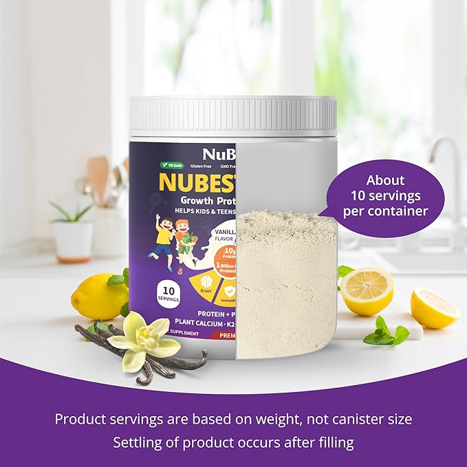 NuBest Tall Protein Powder for Kids & Teens - Vegan Vanilla Protein Powder Shake with Organic Red Algae Calcium, Probiotics, Omega 3-6-9, Vitamin D3 + K2 & Magnesium from Marine Algae - Pack 4