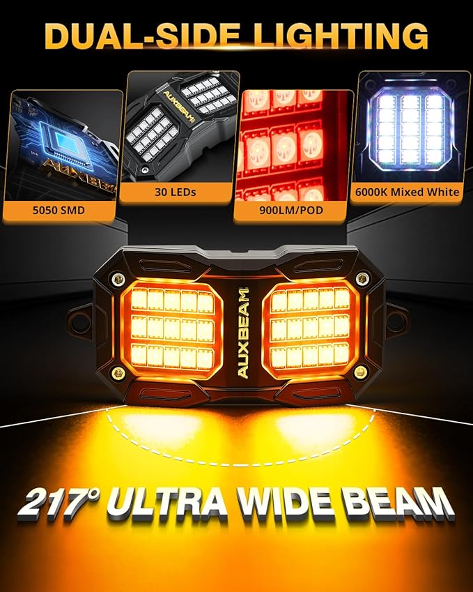 Auxbeam 8-Pod RGB LED Rock Lights w/Brake Mode 217°Dual-Side Lighting Underglow Kit w/Bluetooth APP & Remote Control Music Voice Sync Waterproof Wheel Well Lights for Trucks Offroad RV 1 Year Warranty