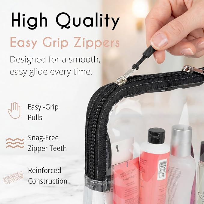 BORSALI TSA Approved Toiletry Bag - Clear Quart Size for 3-1-1 Carry On Travel - Makeup Organizer Cosmetic Pouch with Zipper - Travel Accessories - 5 Pack Colors