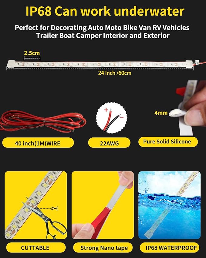 YM E-Bright Car Led Strip Lights Cuttable Underglow Led Ambient Lighting for Motorcycle Trucks Van Boat Golf Cart Interior Exterior Waterproof IP68 24inch 60CM 72SMD 12v,Red(Pack of 4)