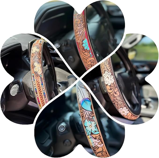 Retro Western Cowboy Car Universal Steering Wheel Cover, Embossed Handcrafted Tooled Leather Western,Anti Slip, Auto Interiors Accessories,Breathable for Trucks SUVs Cars (A)
