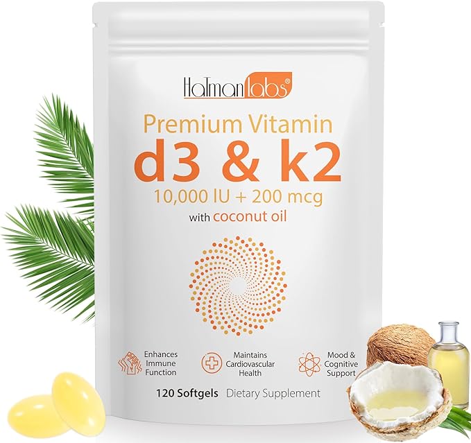 Vitamin D3 K2 Supplement Softgel, Vitamin D3 K2 Softgel with 10000 IU Supports Immune, Heart, Teeth & Bone Health, Free of GMO, Gluten, Soy