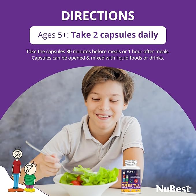 NuBest Tall - Support Bone Strength, Immunity and Stronger Bone with Calcium, Collagen and Herbs for Ages 5+ and Teens Who Don’t Drink Milk Daily - 60 Capsules | 1 Month Supply