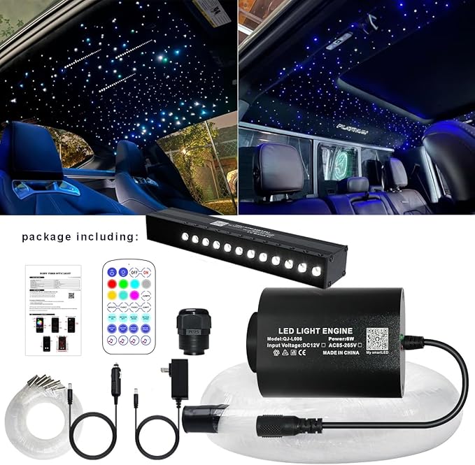 AZIMOM Mini 6W Twinkle 550pcs0.03in 9.8ft Fiber Optic Starlight Headliner+180pcs Fiber Pure White Meteor Shooting Star for Car Home, End Glow Fiber Strands Sound-Activated APP& Remote Control
