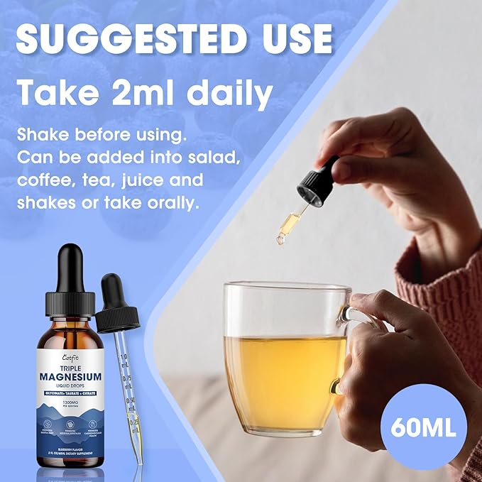 Magnesium Glycinate Liquid Drops with Taurate & Citrate, Magnesium Supplement for Sleep, Calm & Relaxation, with Potassium & Omega-3, High Absorption Formula, Blueberry Flavor, 2 Fl Oz