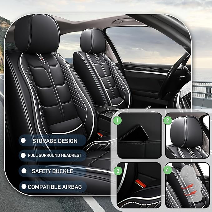 Leather Car Seat Covers Fit for Toyota Tundra 2000-2024, 5 Seater Car Seat Cover, Premium Waterproof, Scratch Resistant Car Interior Accessories (Full Set Black White)