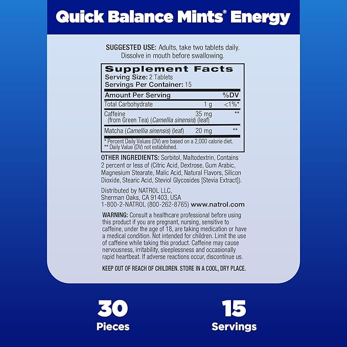 Natrol Quick Balance Energy Mints, Energy Supplement, 30 Lemon Green Tea Naturally and Artificially Flavored, 30 Count, 15 Day Supply