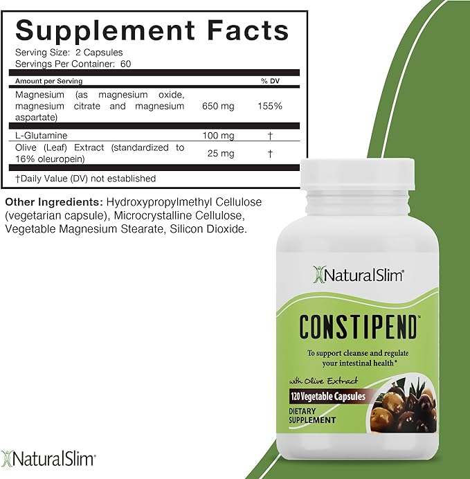 NaturalSlim Magnesium Oxide - Constipend for Constipation Relief, Colon Cleanser & Stool Softeners for Women & Men with Magnesium Citrate, Aspartate, & Olive Extract - 120 Vegetable Capsules