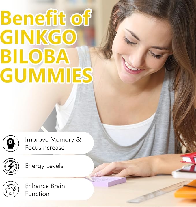 2 Packs 2000mg Ginkgo Biloba Gummies - Ginkgo Biloba Supplements for Brain Health Support, Improve Mood and Focus, Energy, Adult, Vegen, Non-GMO, Strawberry Flavor, 120 Count