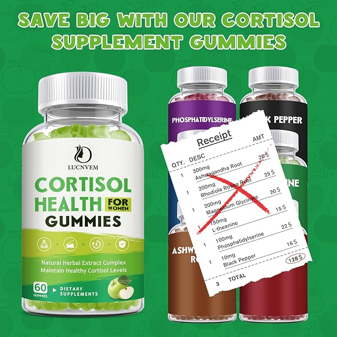 Cortisol Supplements Gummies for Women, Magnesium Ashwagandha Rhodiola Rosea and L-theanine Complex for Women, Maintain Healthy Cortisol Levels - 30 Day Vegan Supply