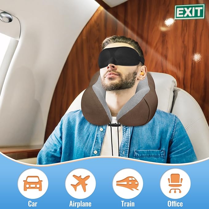 CloudBliss Travel Pillow Premium Memory Foam, Comfortable & Supportive Neck Pillow, Sleeping Neck Pillows for Travel, Airplane Pillow for Sleeping Airplane, Car, Office and Home（Brown）