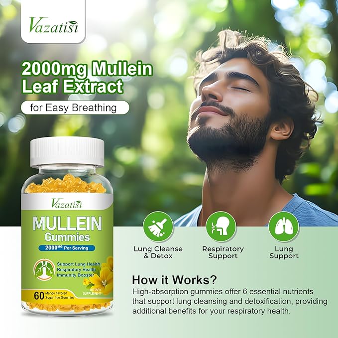 Mullein Gummies, Mullein Leaf Extract with Bromelain, Quercetin, Pine Bark Support Lung Cleanse for Healthy Breathing, 60ct
