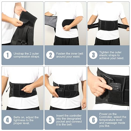 Heated Back Brace with Massage, Rechargeable Heating Pad for Back Pain Relief, Adjustable Back Support Belt with Heat Therapy and Vibration Massager for Men and Women, L