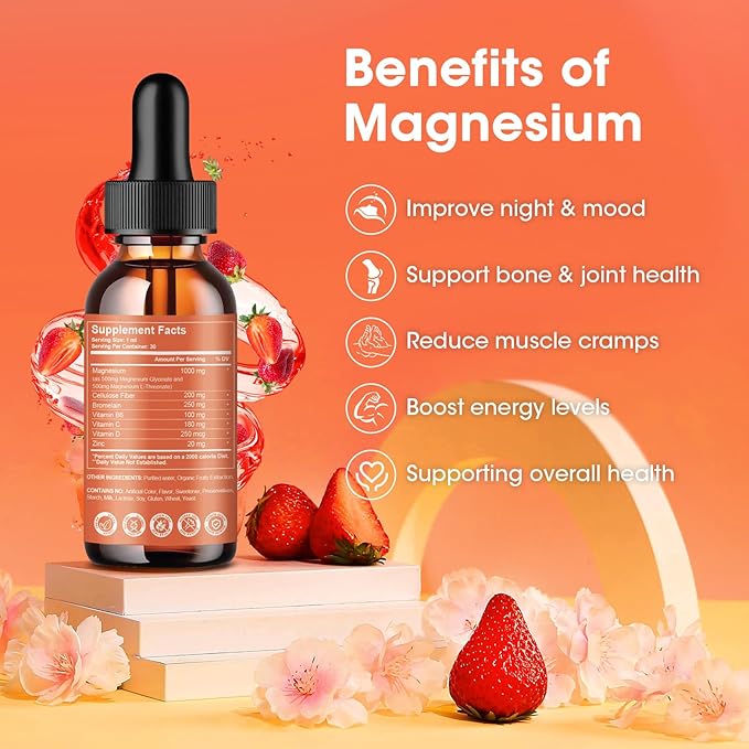 Magnesium Glycinate Liquid Drops,1000 mg Liquid Magnesium Supplement with Bromelain, Vitamin B6 C D, High Absorption Magnesium Complex for Night, Muscle & Energy Support, 1 Fl Oz (Pack of 2)