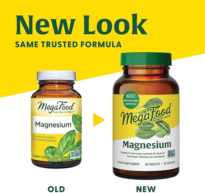 MegaFood Magnesium - Supports heart & nervous system - Magnesium Supplement with fermented Magnesium Glycinate - Vegan, Gluten-Free, Non-GMO and Kosher - Made Without 9 Food Allergens - 60 Tabs