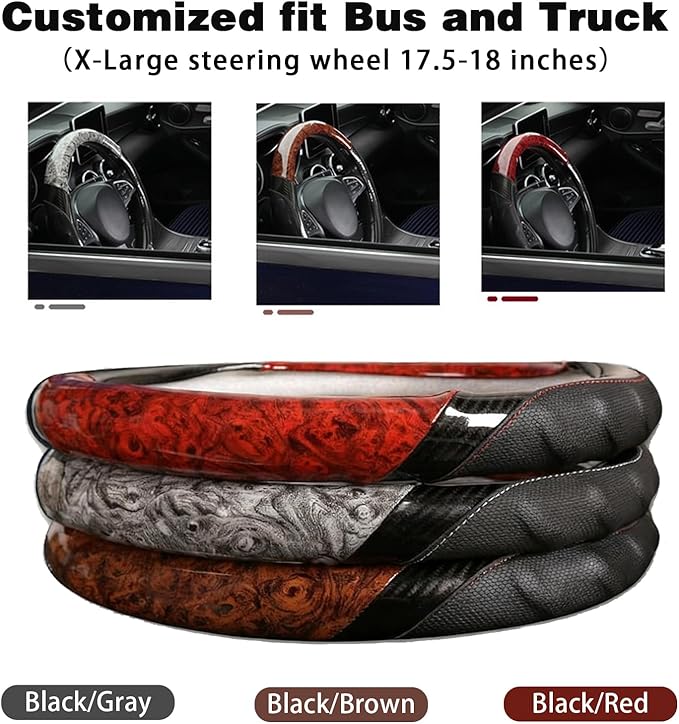 Heavy Duty Truck Steering Wheel Cover 17.5-18 Inch, Carbon Fiber with Anti-Slip Grip, X-Large Wheel Protector for Commercial Semi-Trucks, Buses and RVs (Red/Black)
