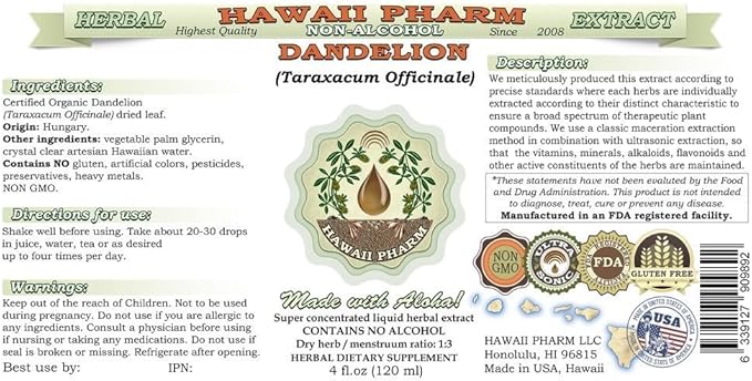 Dandelion Alcohol-Free Liquid Extract, Organic Dandelion (Taraxacum Officinale) Dried Leaf Glycerite Hawaii Pharm Natural Herbal Supplement 2x4 oz