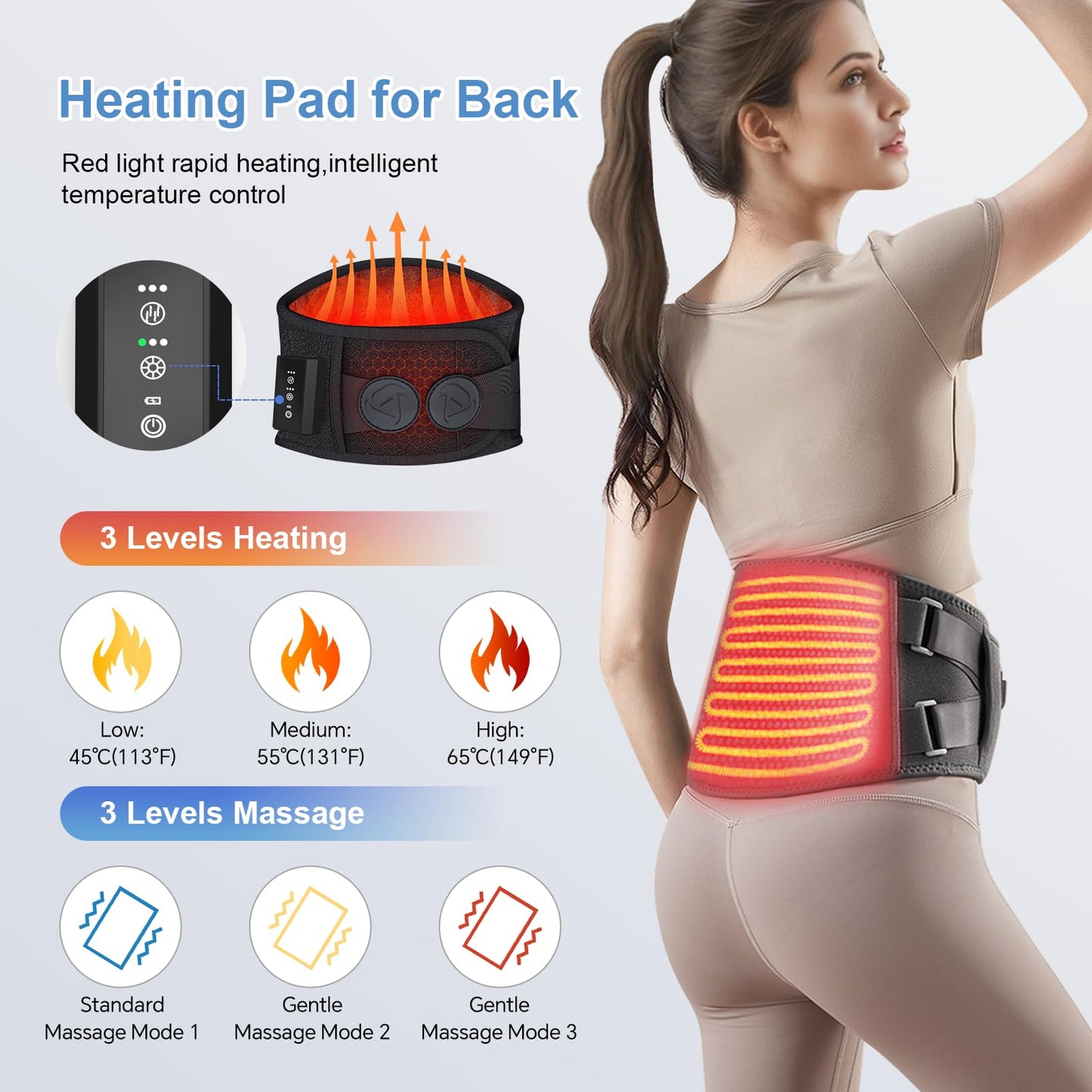 Heating Pad for Period Cramps Back Pain Relief,Electric Heating Pad for Low Back Massager,3 Heat, Black,43"x 6" +20" Extended Belt Gifts for Women/Men/Mom