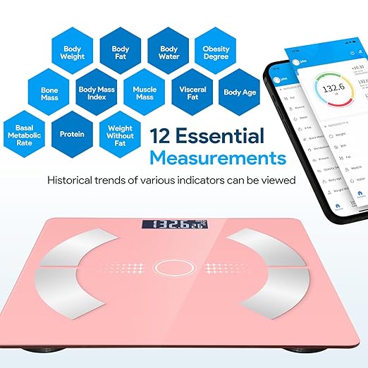 Body Composition Analyzer with Smartphone Application, Digital Simple and Practical Body Fat Scale with Led Display, Bathroom Scale (Pink)