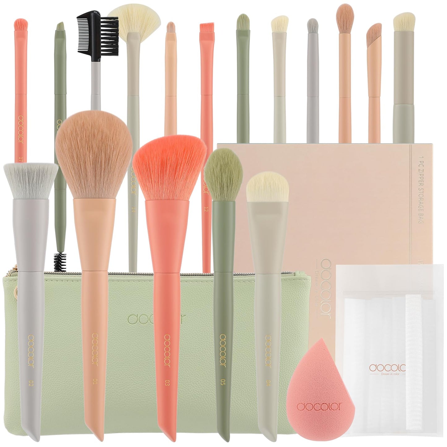 Docolor Makeup Brushes Set 17Pcs Morandi Makeup Brushes with Makeup Bag and Makeup Sponge and Brush Protector Professional Face