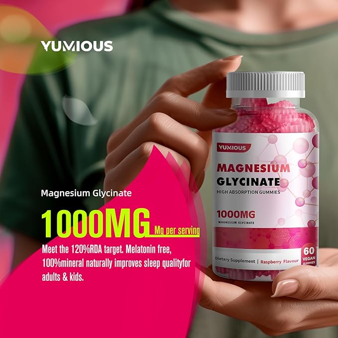 Magnesium Glycinate Gummies 1000mg - for Adults Magnesium Potassium Supplement with Vitamin D, B6, CoQ10 for Calm Mood & Sleep Support - 120 RaspberryGummies -2 Pack