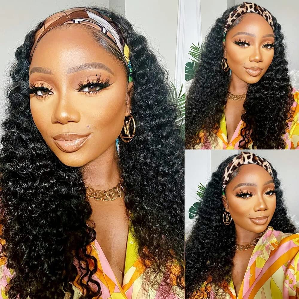 Lauberita 20 Inch Headband Wig Human Hair For Women Long Curly Hair Deep Wave Wig Natural Color