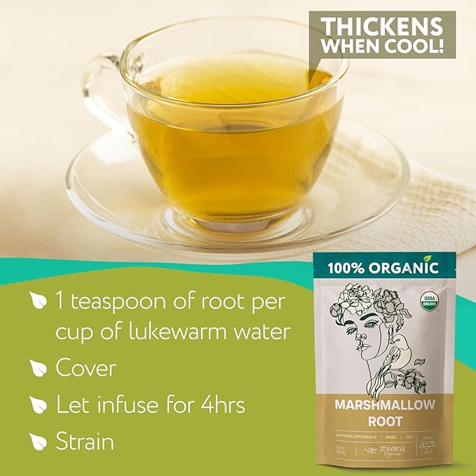 Marshmallow Root Tea Organic (10oz.) - Marshmellow Root Herb (Althaea Officinalis) - Tea for Throat Coat, Cough, Gut Lining - Contains Mucilage