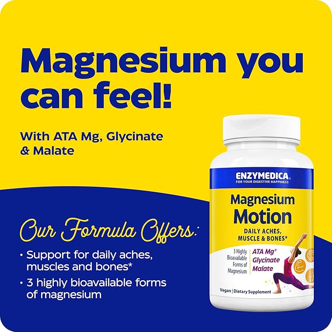 Enzymedica, Magnesium Motion with 3 Forms of Magnesium, ATA Mg, Glycinate, Malate, Soothes Occasional Aches, Supports Bones & Muscles, 120 Capsules