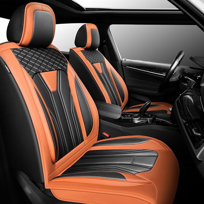 Fit Juke Car Seat Covers Compatible with Nissan Juke 2012-2015 2016 - Premium Leather， Waterproof Breathable， All-Weather Seat Cushion Protecto&Airbag Compatible (2 Front Seat Orange&Black)