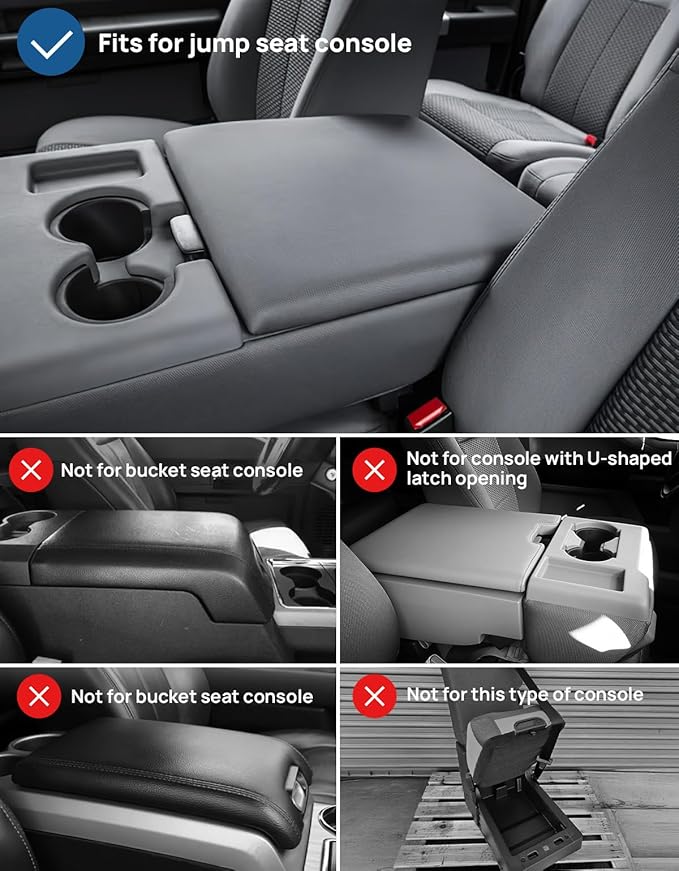 JOYTUTUS Center Console Cover Compatible with 2011-2016 Ford F250 F350 F450, 2011-2014 F150 with Jump Seat Console, Leather Armrest Cover Center Console Cushion, Gray (Jump Seat Only)