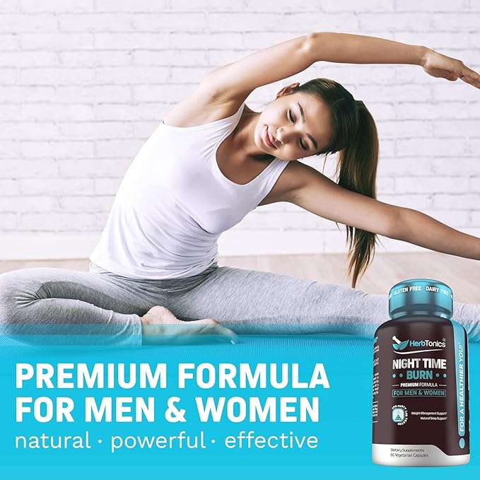 Herbtonics Night Time Supplement with Melatonin to Support Sleep & Metabolism | Melatonin & L-Theanine for Women and Men | Non-GMO, 120 Vegan Friendly Capsules