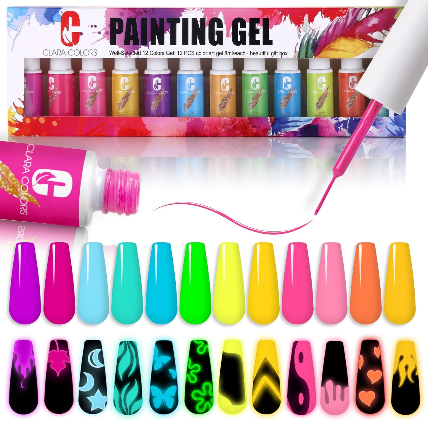 Clara Colors Gel Polish Nail Art Liner Set,12 Colors Glow In The Dark Gel Liner Nail Art Polish Luminous Drawing Paintingthin Na