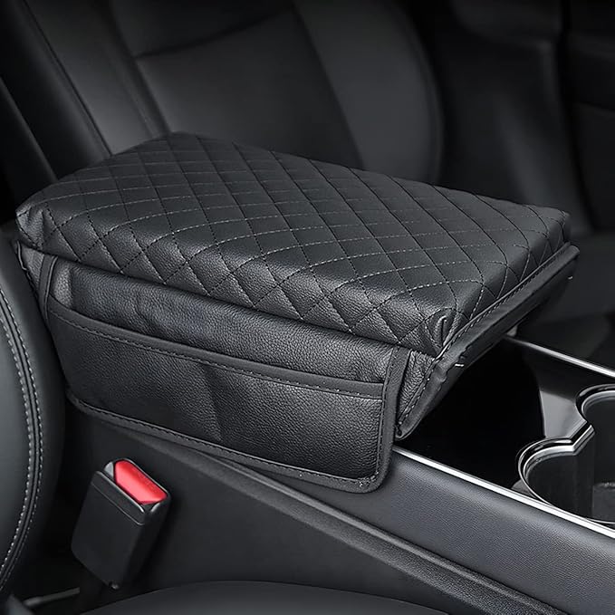zipelo Car Armrest Cushion, Carbon Fiber Leather Auto Center Console Pad, Memory Foam Armrest Box with Storage Bag, Hand Rest Pillow with Organizer Pockets, Universal Fit for Most Vehicles (Coffee)