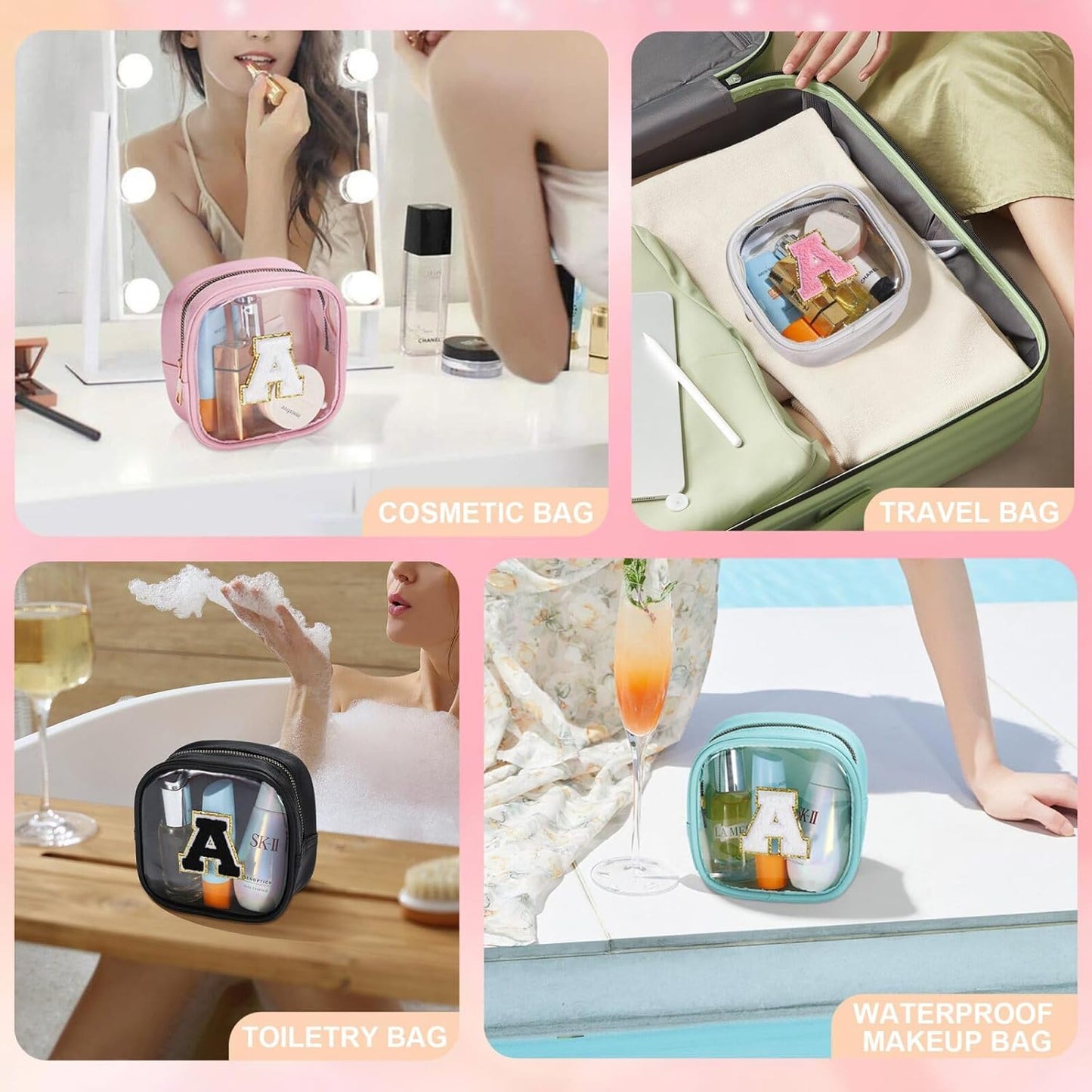 YOOLIFE Mini Initial Makeup Bag | Travel Toiletry Bag | Clear Makeup Bag | Travel Essentials Gifts for Women Teen Girlfriend Teacher Birthday Gifts | Clear Toiletry Bag Small Mini Cosmetic Bag Pink L