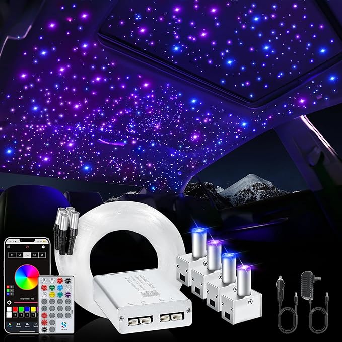 Split 4 Colors 12W Car Starlight Headliner Kit 1000pcs*0.02in*9.8ft with APP&RF Remote,RGBW Fiber Optic Strands Star Roof Lights,4 Port Engine Sound Activated Star Ceiling Lights for Car/Home Decor