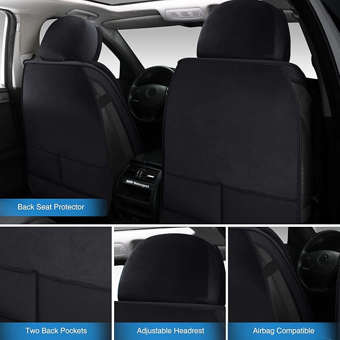 AOOG Fuzzy Car Seat Covers, Heated Bench Back Cushion Protector for Cars SUV Trucks(Full Set,Black)