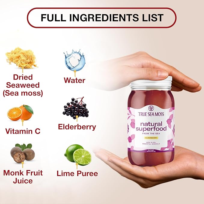 TrueSeaMoss Sea Moss Gel – Made in USA – Wildcrafted Seamoss, Fresh Fruits & Sea Vegetables – Elderberry, Pack of 5 (Labels may Vary)
