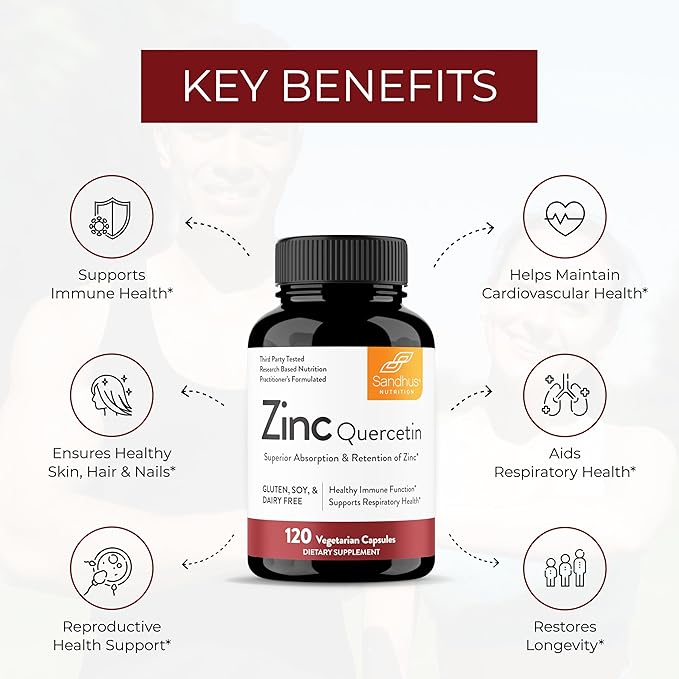 Sandhu’s Zinc Quercetin 120 Vegetarian Capsules (Pack of 3) – Zinc Supplements for Antioxidant Immune Support for Men and Women – Gluten, Soy, Dairy Free